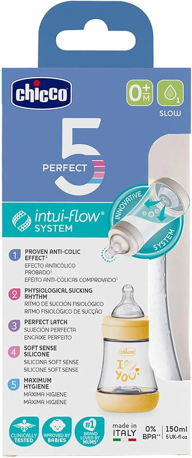 شيكو Chicco Perfect 5 Feeding Bottle 150ml Slow Flow 0m+ Silicone, Yellow